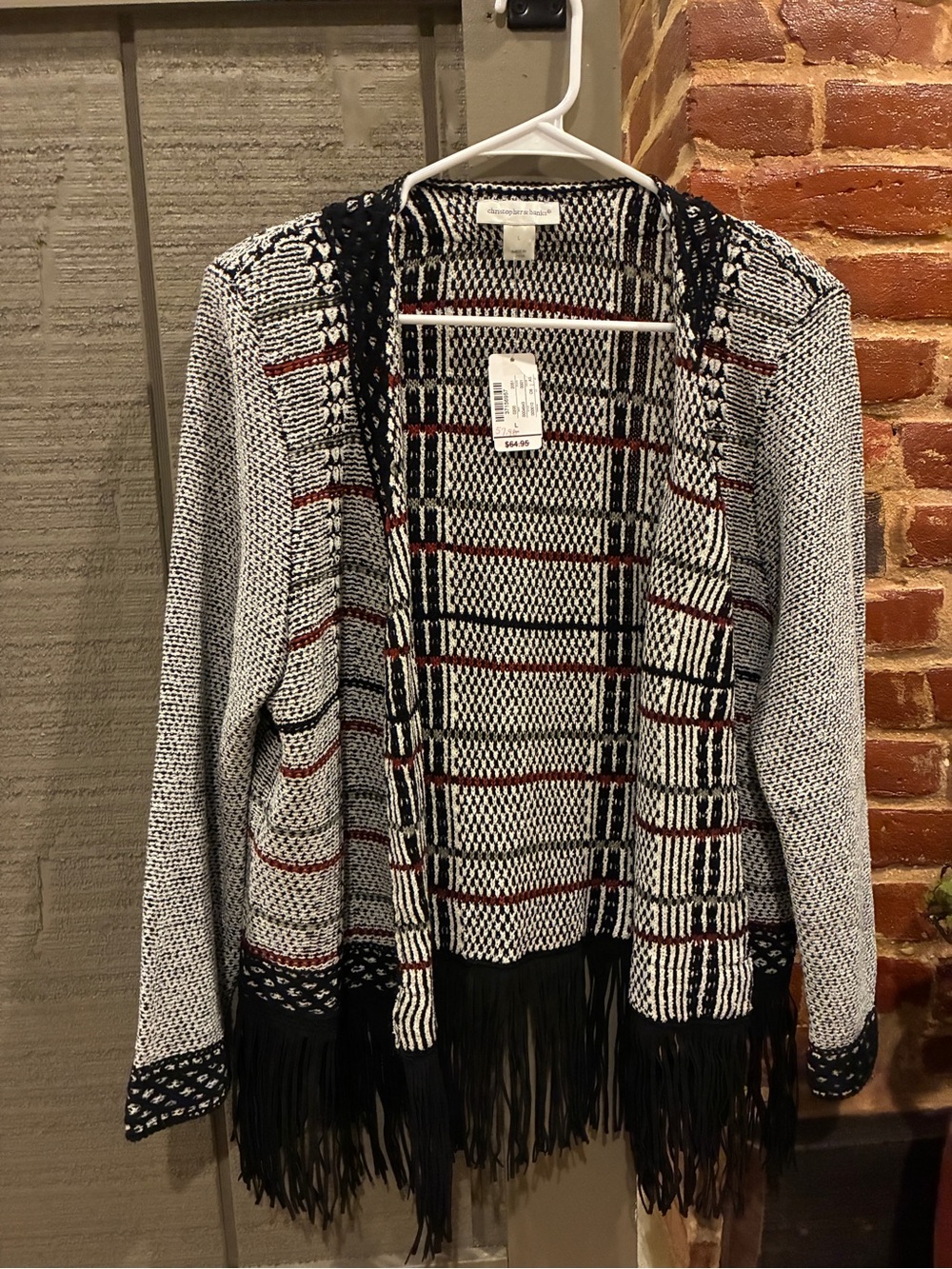 Christopher & Banks Black, White and Red Fringe Knit Open Cardigan